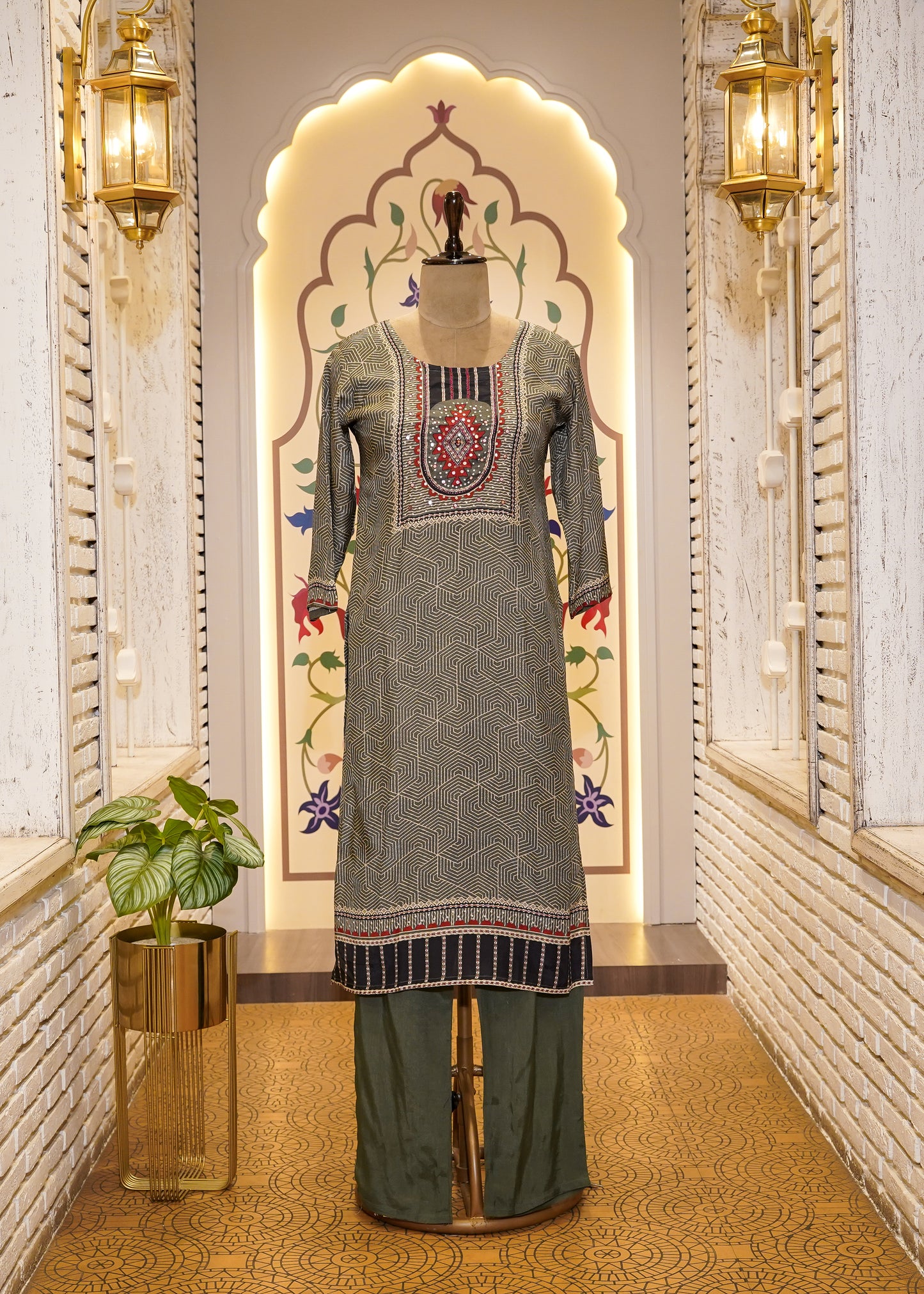 Grey Printed Muslin 3-Piece Kurti Set