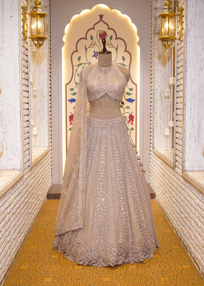 Beige Bead Embroidered Crop Top Skirt Set