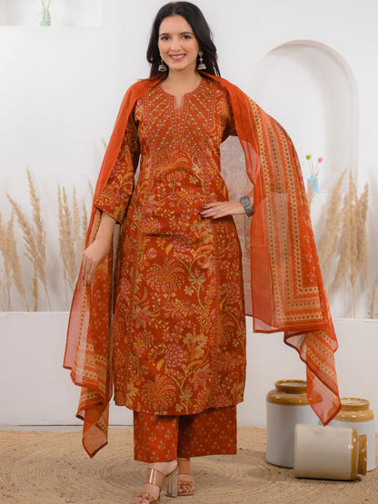 Saaz Orange Stitched Suit Set
