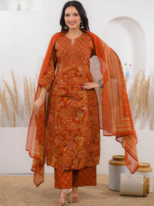 Saaz Orange Stitched Suit Set