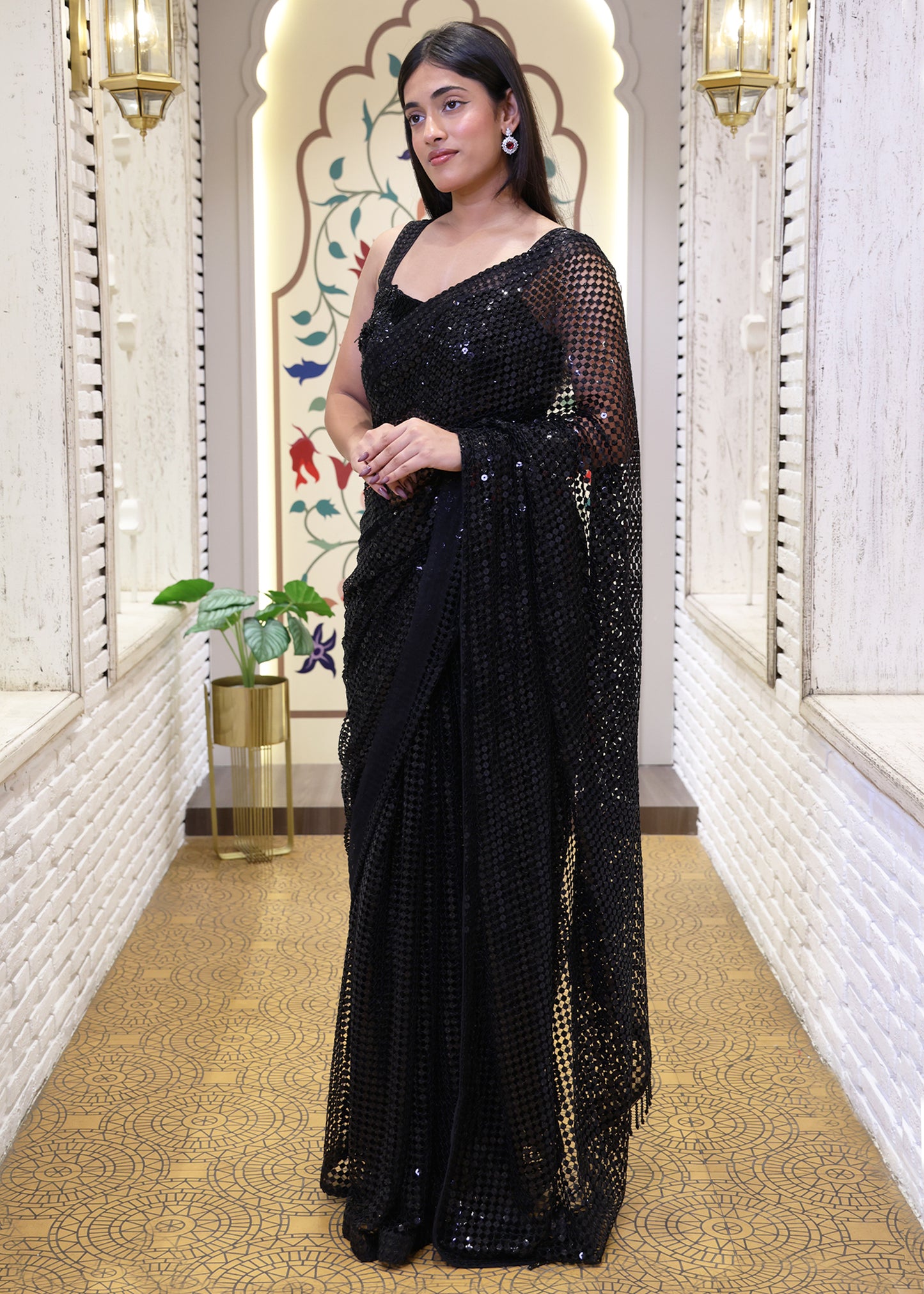 Black Designer Pallu Saree with Hand Embroidered Pletes and Stitched Blouse