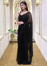 Black Designer Pallu Saree with Hand Embroidered Pletes and Stitched Blouse