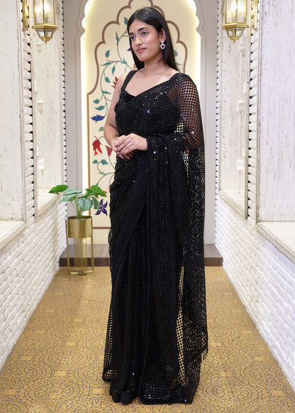 Black Designer Pallu Saree with Hand Embroidered Pletes and Stitched Blouse