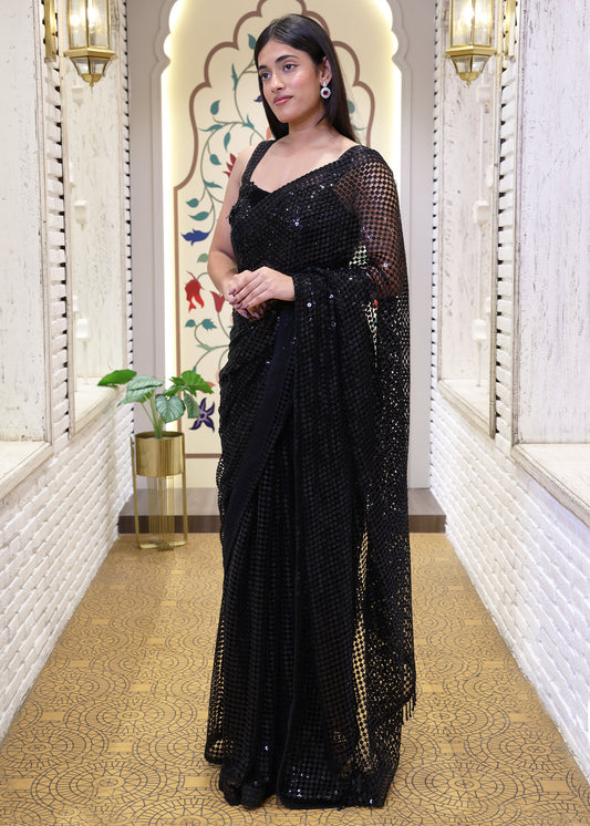 Black Designer Pallu Saree with Hand Embroidered Pletes and Stitched Blouse