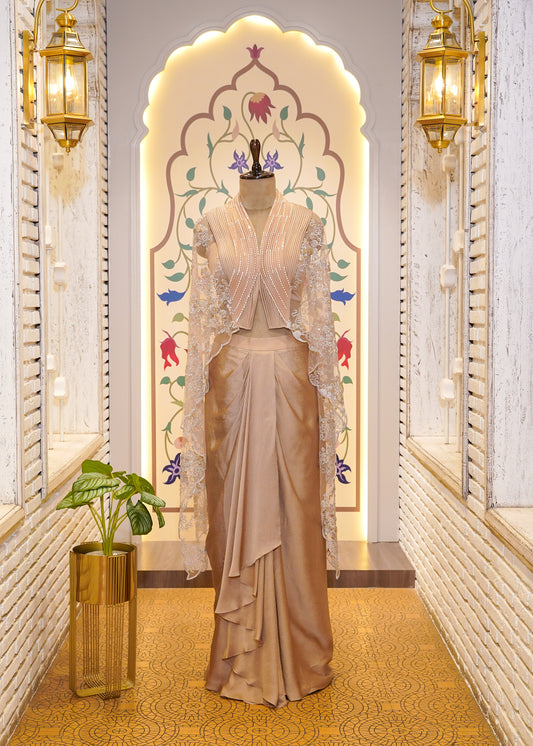 Golden Satin Patterned Skirt with Hand Embroidered Net Cape