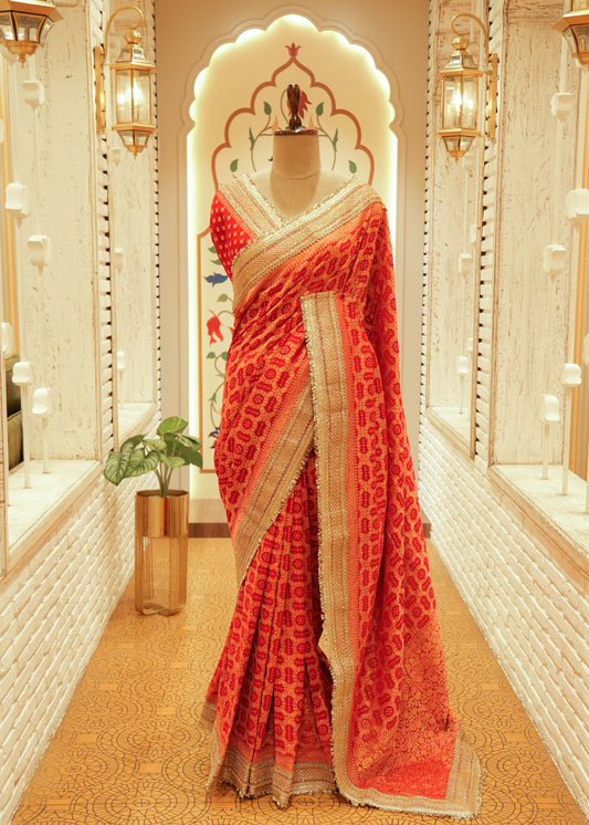 Aanya Fiery Orange-Red Bandhani Silk Saree with Stitched Blouse