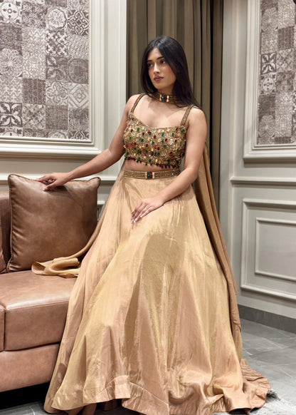Tissue Golden Gemstone Crop Top Lehenga with Dupatta