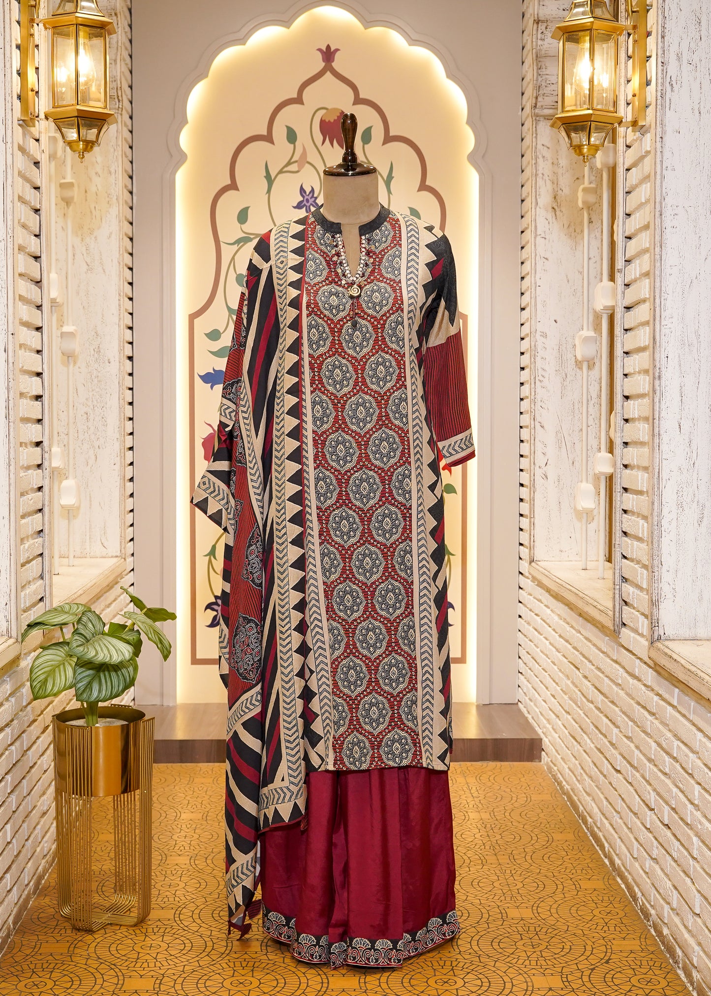 Red & Black Muslin Ajrak Printed 3-Piece Kurti Set