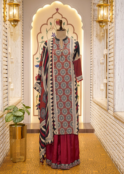 Red & Black Muslin Ajrak Printed 3-Piece Kurti Set
