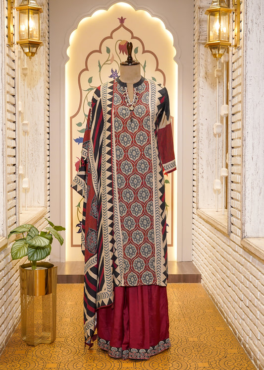 Red & Black Muslin Ajrak Printed 3-Piece Kurti Set