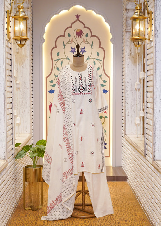 Cream Cotton Printed 3 pc Kurti Set