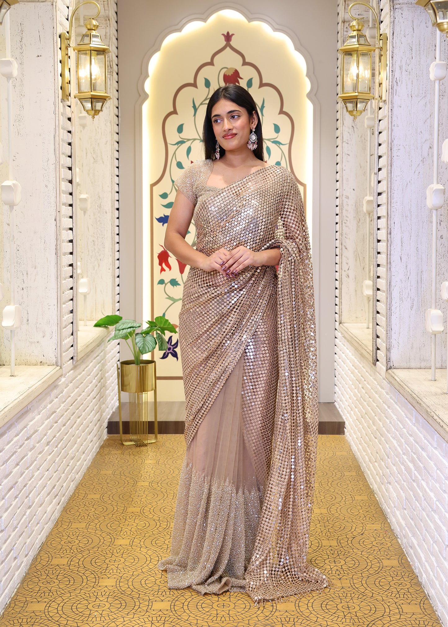 Golden Designer Pallu Saree with Hand Embroidered Pletes and Stitched Blouse