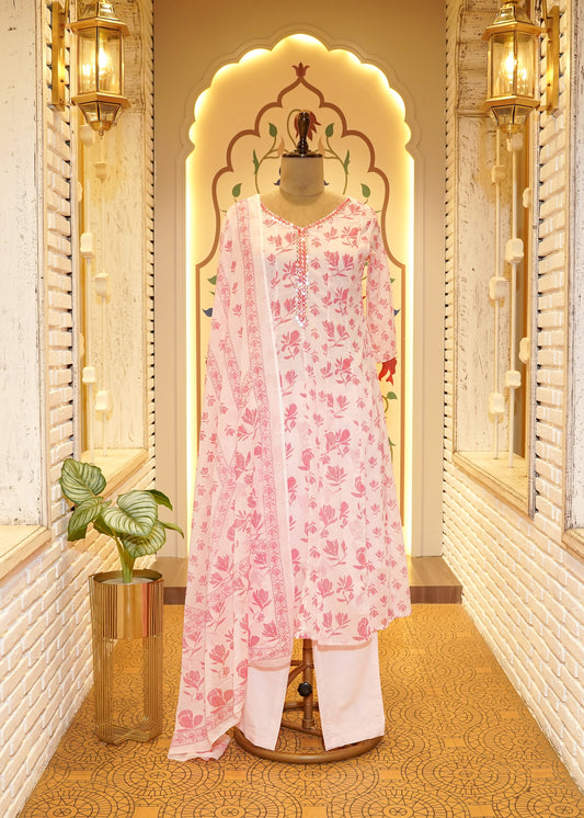 Amora Pink & White Comfy Stitched Suit Set