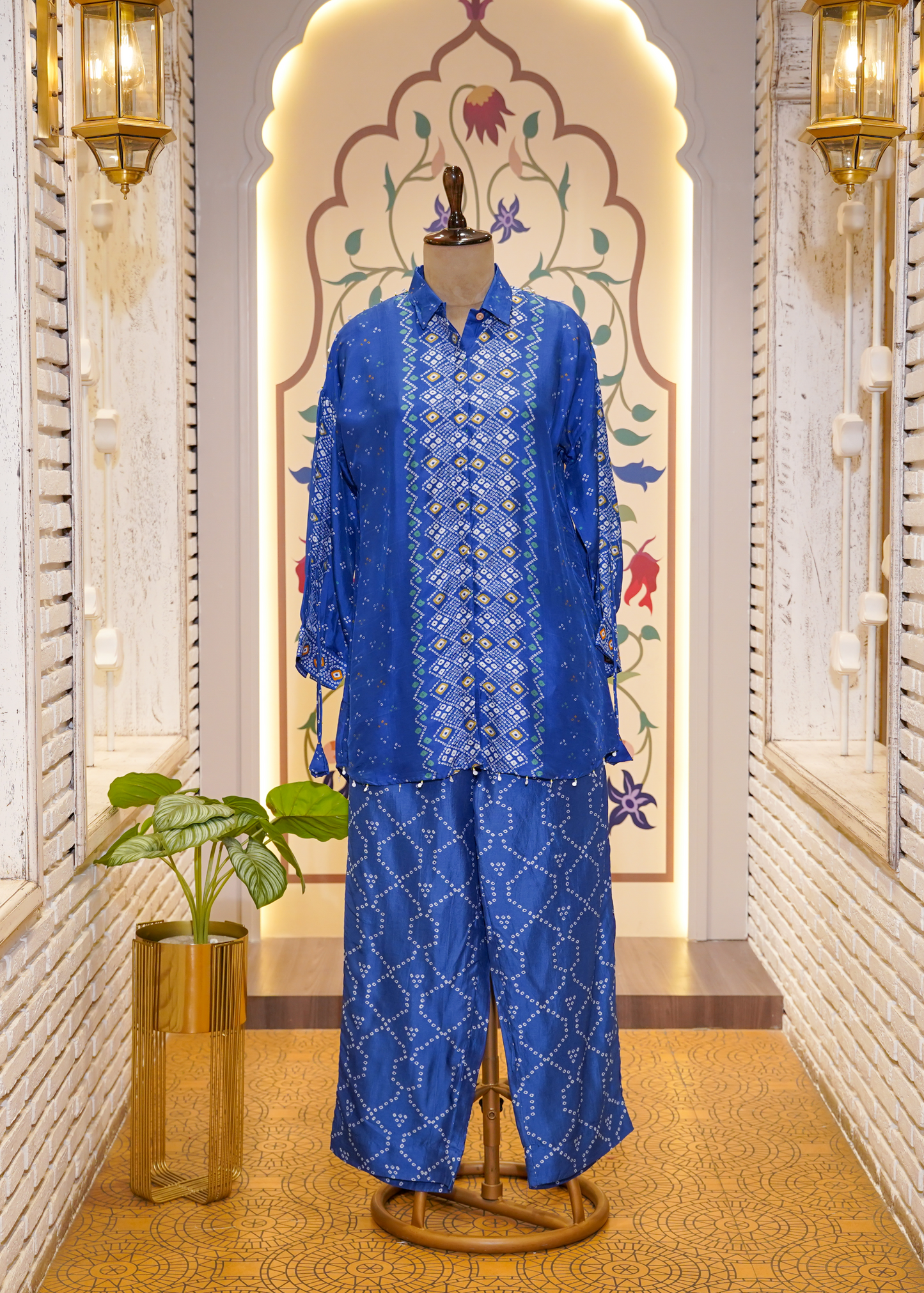 Electric Blue Printed Silk Co-ord Set with Collars