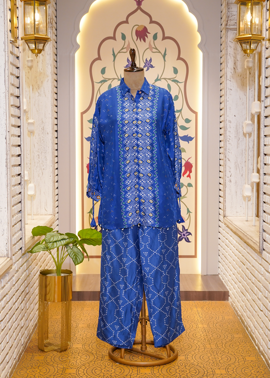 Electric Blue Printed Silk Co-ord Set with Collars