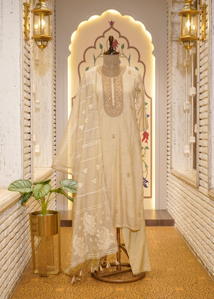 Beige Cotton Thread Embroidered 3 pc Kurti Set