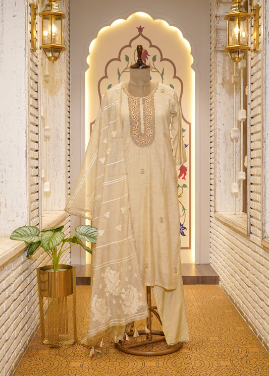 Beige Cotton Thread Embroidered 3 pc Kurti Set