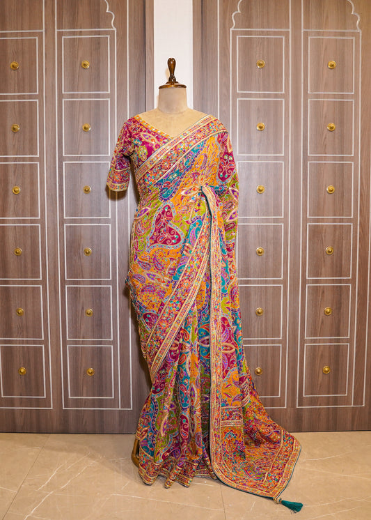 Multi Coloured Printed Zari Embroidered Designer Saree with Stitched Blouse