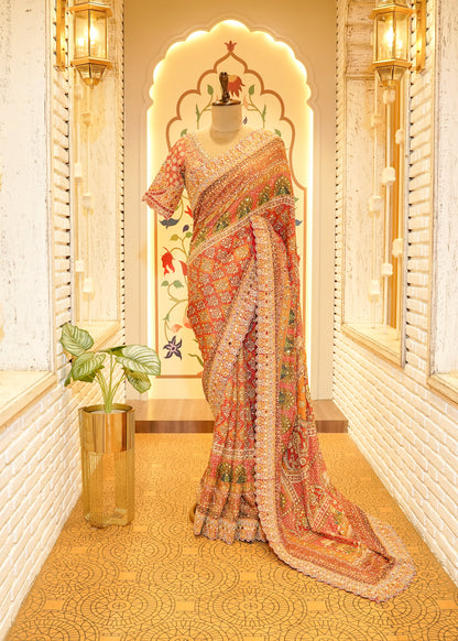Rust Orange Patola Georgette Saree with Zardozi Embroidery