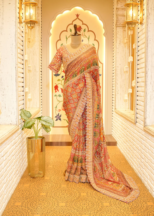 Rust Orange Patola Georgette Saree with Zardozi Embroidery