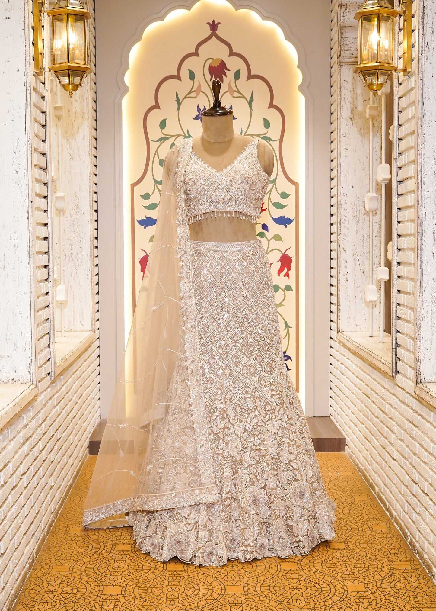 Beige Bead Embroidered Crop Top Fish Cut Skirt Set