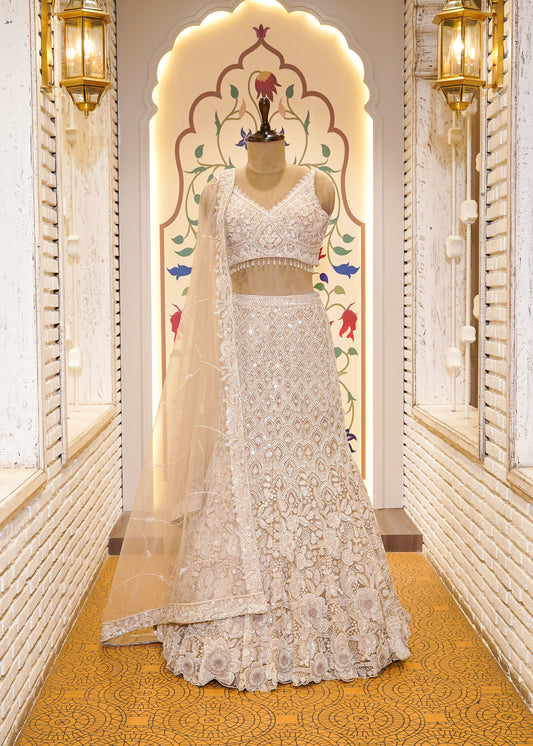 Beige Bead Embroidered Crop Top Fish Cut Skirt Set
