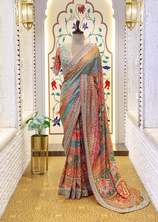 Charvi Firozi Saree with Stitched Blouse