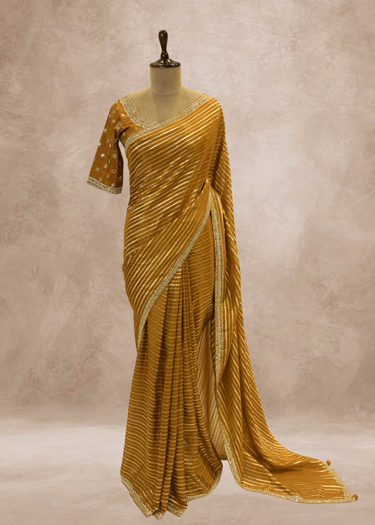 Mehendi Green Striped Zari Organza Sarees with Stitched Blouse