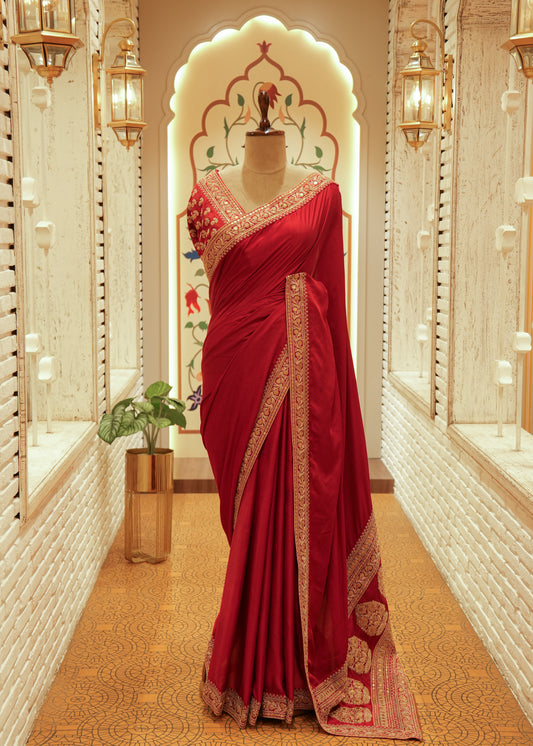 Inaya Maroon Red Silk Embroidered Saree with Stitched Blouse