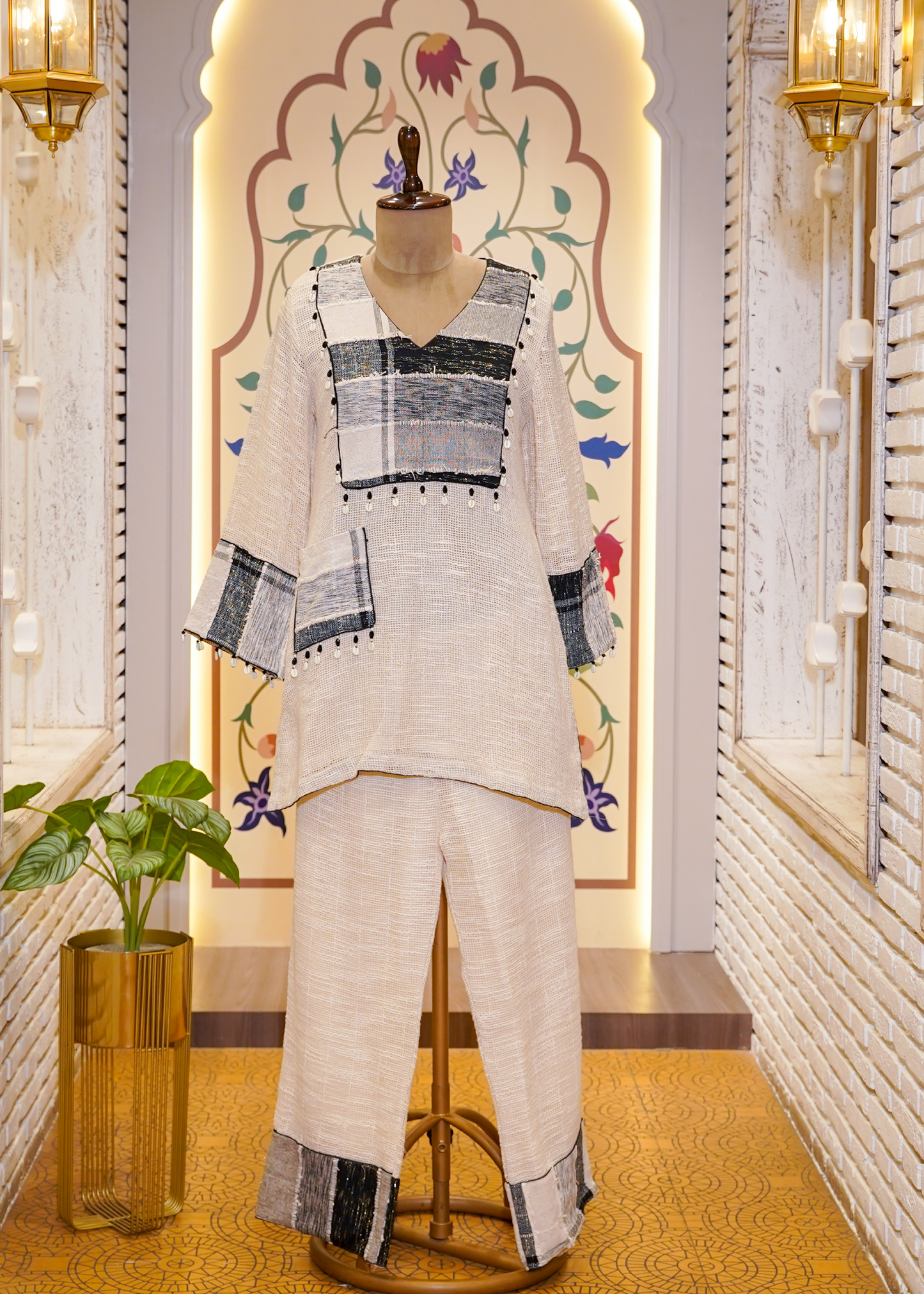 Black & Ivory Cotton Jute Co-ord Set with Shells