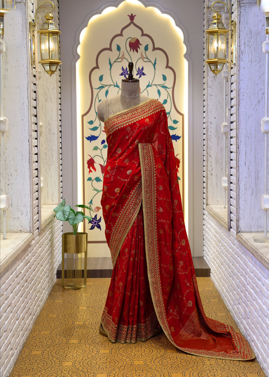 Meenakshi Red Heavy Border Bridal Saree with Unstitched Blouse