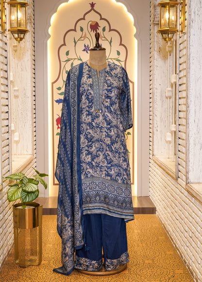 Blue Muslin Printed 3 pc Kurti set