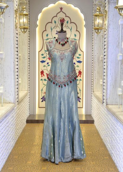 Mihika Blue Banarasi Sharara Set with Dupatta