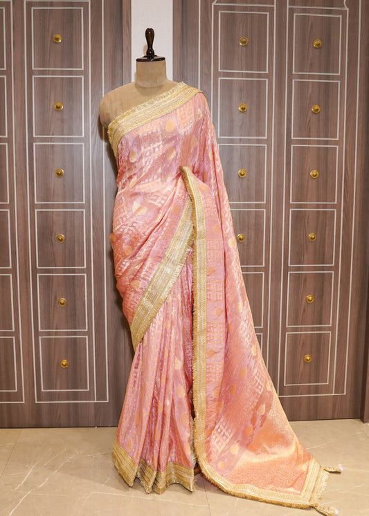 Pink Tissue Weaving Saree with Gota Lace and Unstitched Blouse
