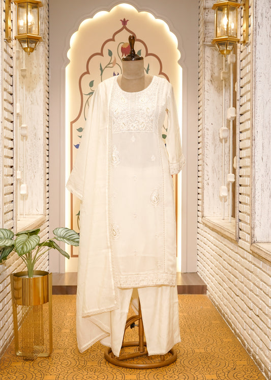 Ivory Mul Cotton Hand Embellished 3 pc Kurti Set