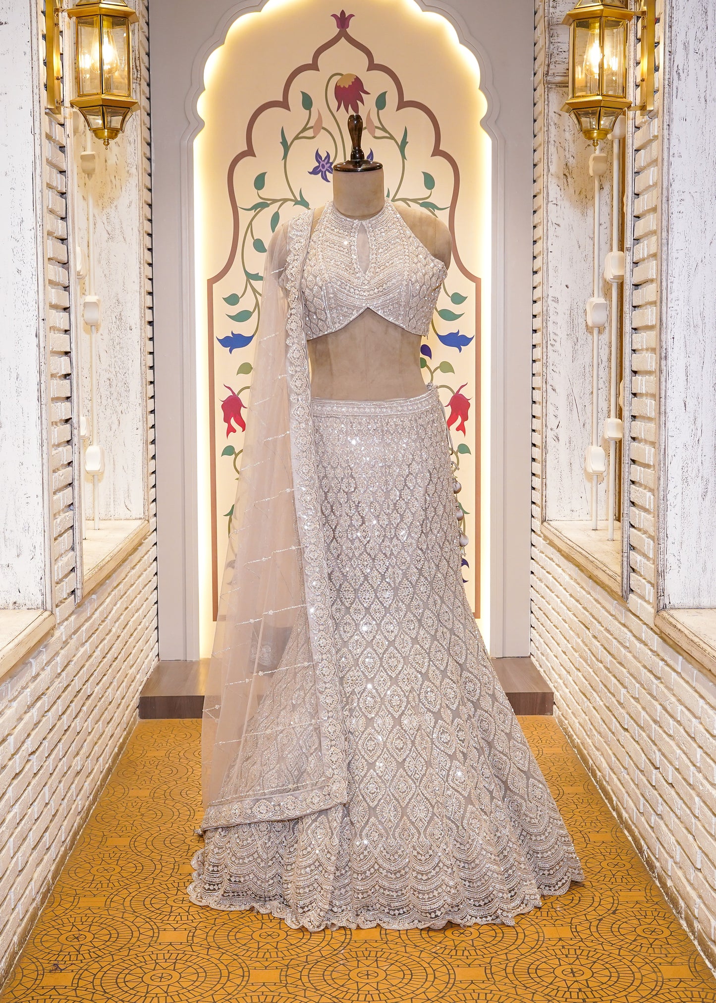 Metallic Silver Bead Embroidered Crop Top Fish-cut Skirt Set