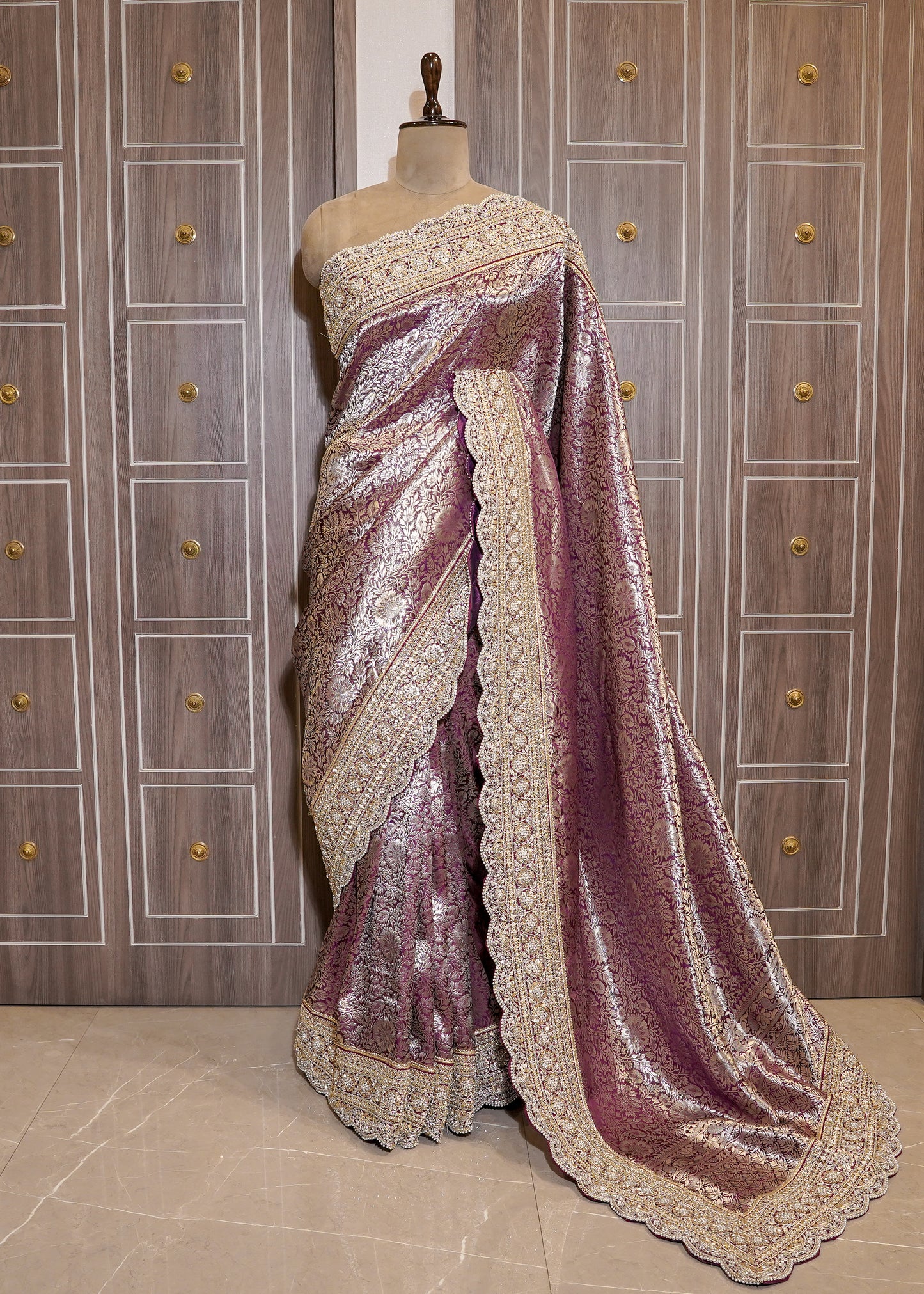 Wine Green Silk Bead Embroidered Border Saree with Unstitched Blouse
