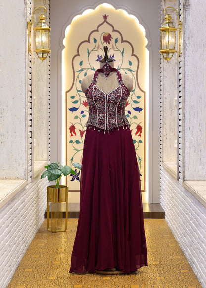 Vaani Maroon Sharara Corset Top Set