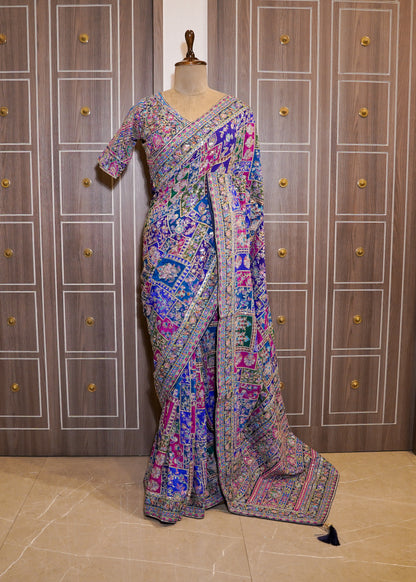 Blue Printed Zari Embroidered Designer Saree with Stitched Blouse