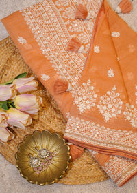 Rust Mul Cotton Thread Embroidered Saree with Unstitched Blouse