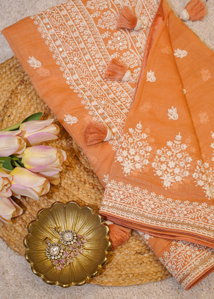 Rust Mul Cotton Thread Embroidered Saree with Unstitched Blouse