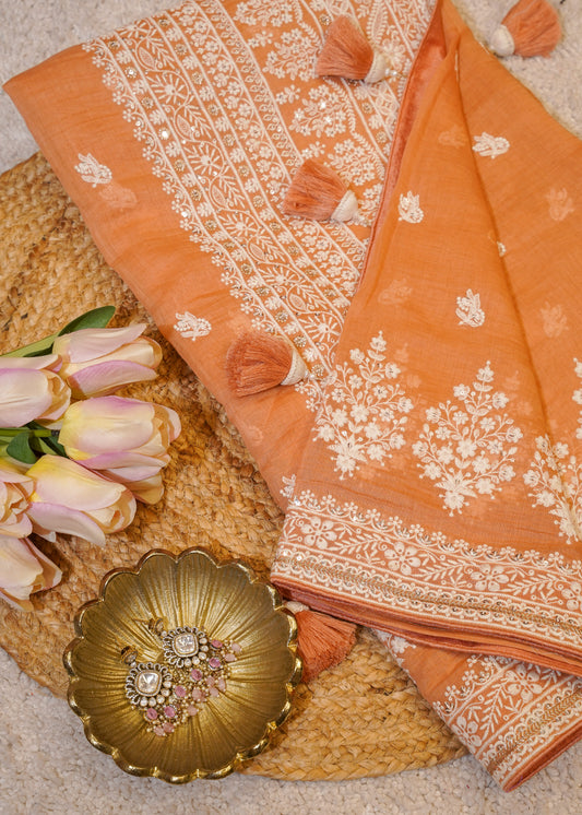 Rust Mul Cotton Thread Embroidered Saree with Unstitched Blouse