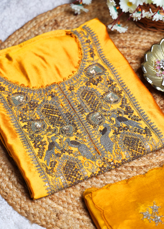 Peela Phool French knot Handcrafted Unstitched Suit Set