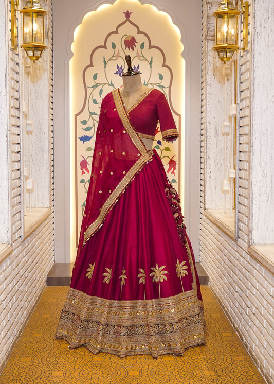 Mehroon Handcrafted Bridal Lehenga with Palm Tree Motifs & Single Dupatta