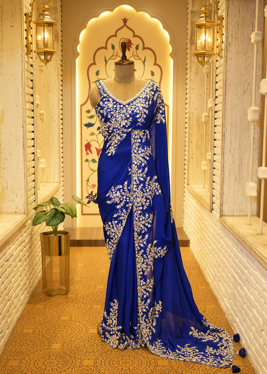 Electric Blue Chinon Thread Embroidered Saree with Stitched Blouse