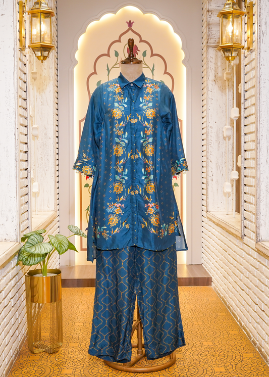 Blue Hand Embellished Printed Silk Co-ord Set