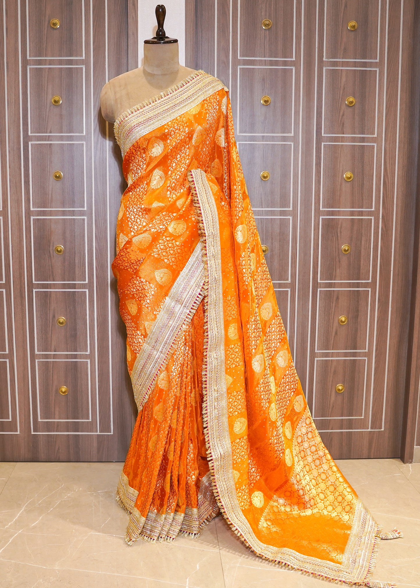 Rust Tissue Weaving Saree with Gota Lace and Unstitched Blouse