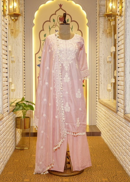 Anamika Pink & White Tassel Border Stitched Suit Set