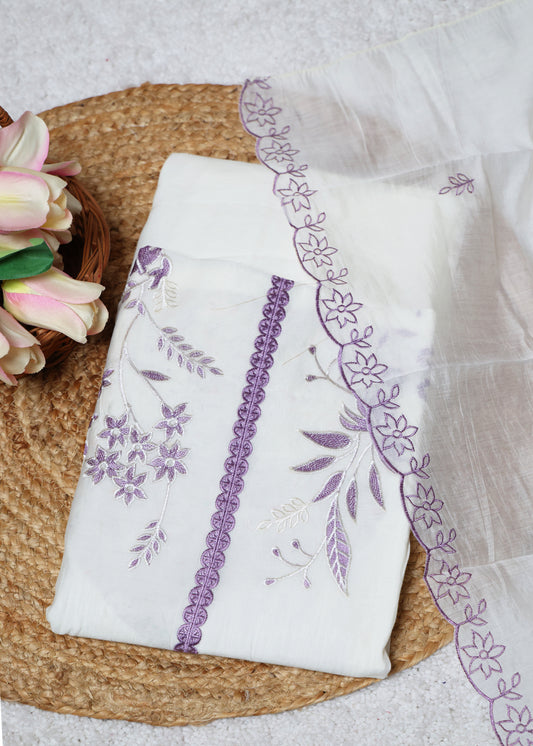 Pearl White & Purple Floral Unstitched Suit Set