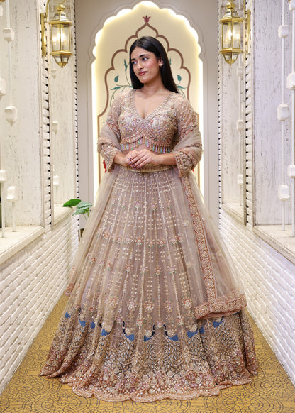 Meenal Golden Hand Embroidered Lehenga with Stitched Blouse